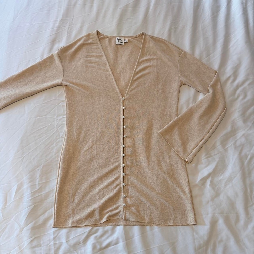 Princess Polly Beige Pearl Button Long Cardigan V-Neck Cotton Blend Size 2